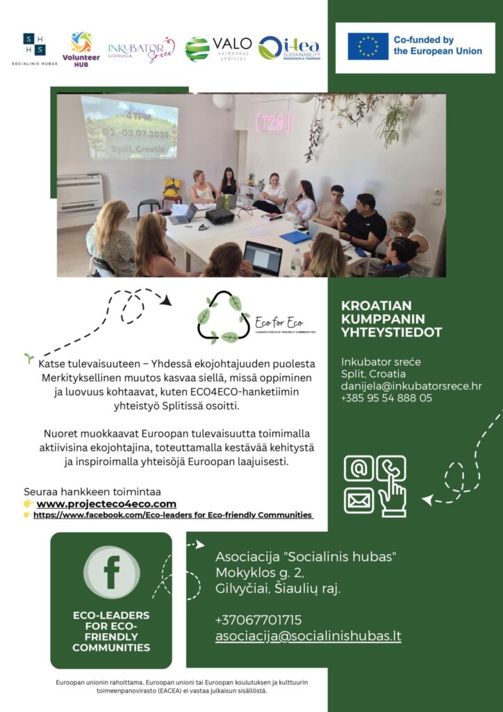 Katse tulevaisuuteen – Yhdessä ekojohtajuuden puolesta
Merkityksellinen muutos kasvaa siellä, missä oppiminen ja luovuus kohtaavat, kuten ECO4ECO-hanketiimin yhteistyö Splitissä osoitti.

Nuoret muokkaavat Euroopan tulevaisuutta toimimalla aktiivisina ekojohtajina, toteuttamalla kestävää kehitystä ja inspiroimalla yhteisöjä Euroopan laajuisesti.
